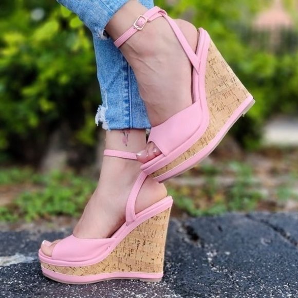Shoes - Women Platform Wedge Sandals Ankle Strap Pink Color